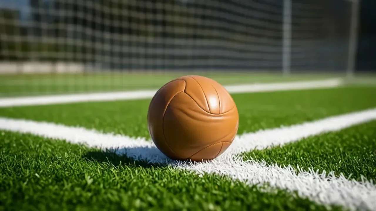 Fistball: sportów niezwykła gra w fistball przypominająca siatkówkę Profesjonalne pole gry do fistball z piłką i taśmą na trawiastym terenie.