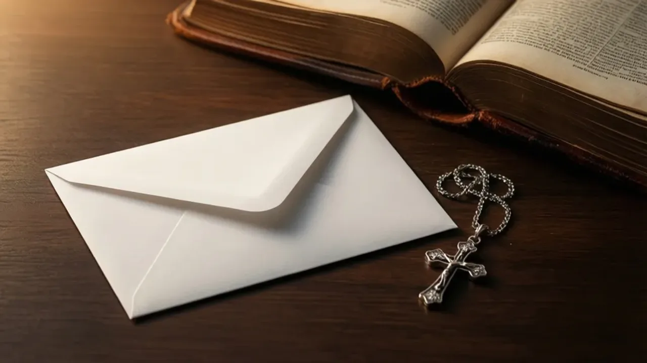 Ile daje się na bierzmowanie? Sakrament bierzmowania: poradnik Biała koperta z pieniędzmi, srebrny krzyżyk i Biblia na drewnianym stole jako symbol tego, ile daje się na bierzmowanie.