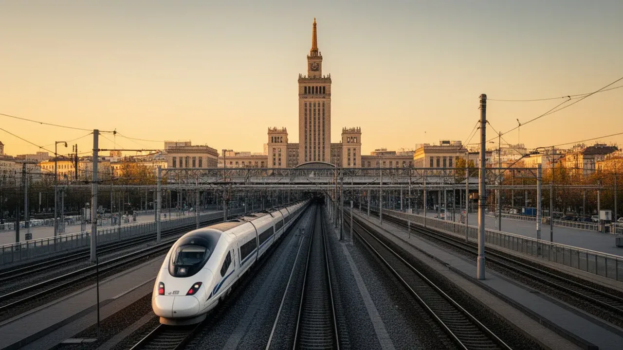 Jak dojechać do Warszawy: bilety, pociąg, autobusy i rozkład jazdy Nowoczesna panorama Warszawy z pociągiem i autobusem w drodze do centrum, ilustrująca jak dojechać do Warszawy.