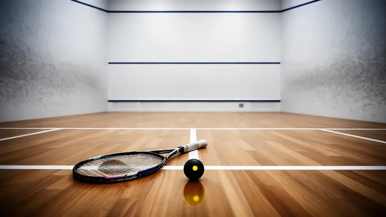 Jak grać w squash: poznaj podstawowe zasady gry w squasha i sportu Profesjonalny kort do squasha z rakietą i piłką, ilustrujący jak grać w squash zgodnie z zasadami.