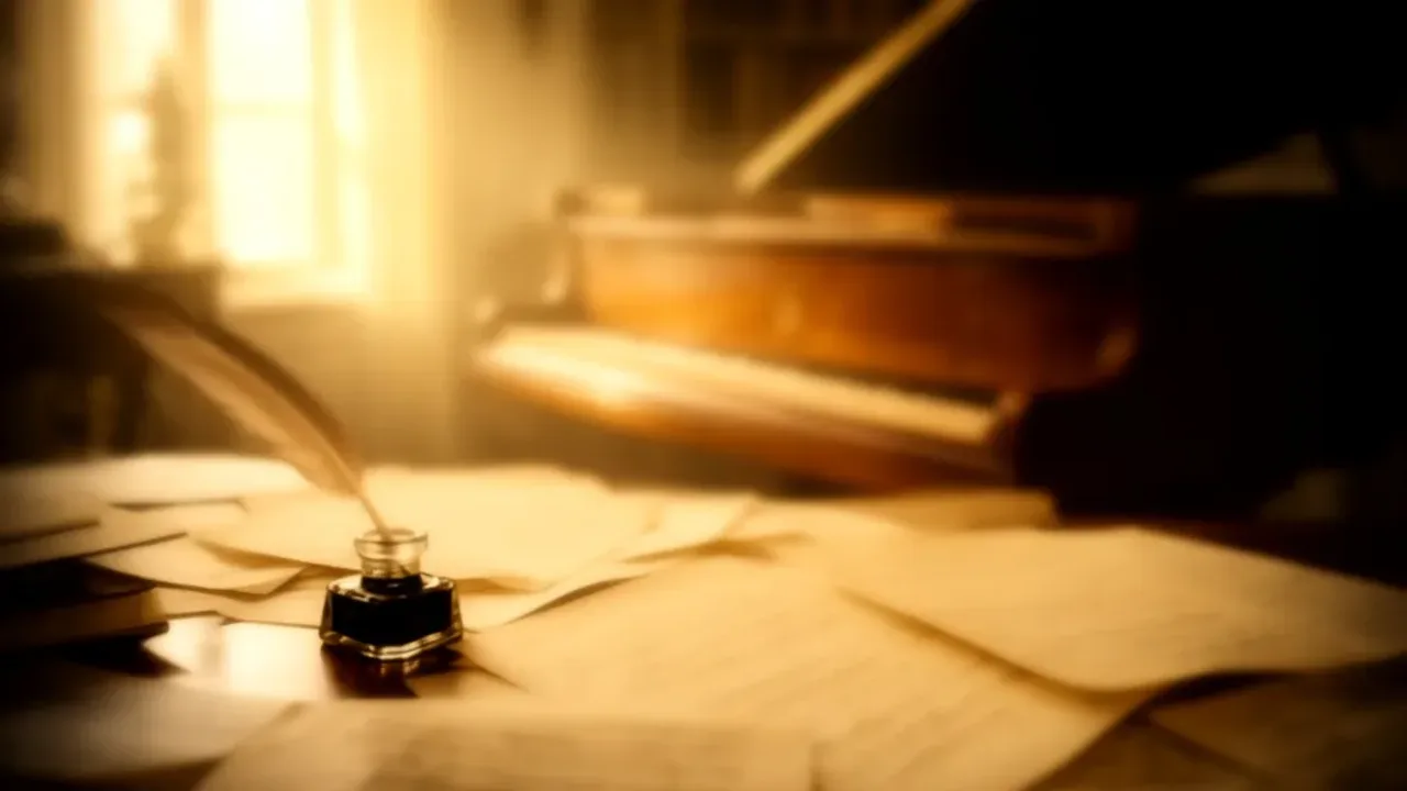 Kim był Fryderyk Chopin? Biografia geniusza fortepianu 1810–1849 Alt: Zabytkowy fortepian i rękopis nutowy ilustrujące artykuł o tym, kim był Fryderyk Chopin.