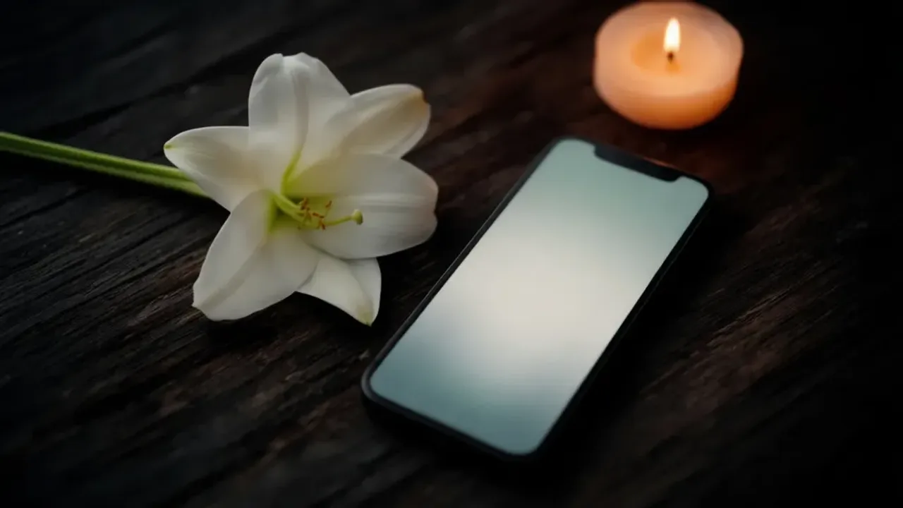 Kondolencje sms: jak składać kondolencje po śmierci bliskiej osoby? Smartfon wyświetlający kondolencje sms obok białej lilii na drewnianym stole.