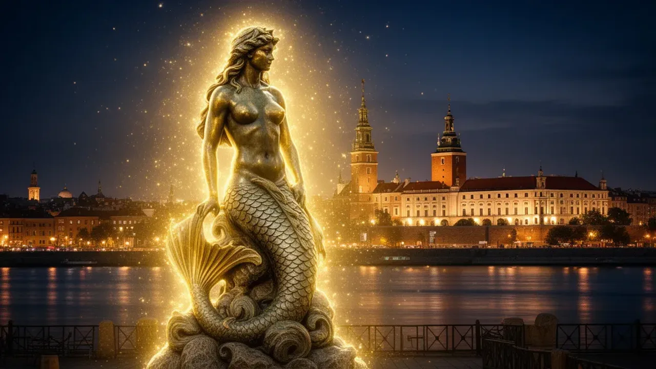 Legendy warszawskie: warszawski przewodnik, antologia i Warszawa na YouTube Stara kamienna rzeźba Syrenki Warszawskiej nad Wisłą o zmroku, ilustrująca legendy warszawskie.