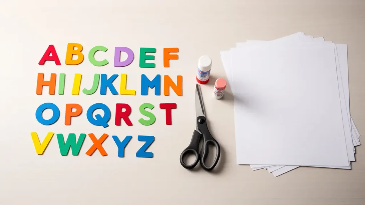 Litery alfabetu do druku: darmowy PDF, szablony, napis i dekoracja A4 Kolorowe litery alfabetu do druku przygotowane na biurku wraz z nożyczkami i papierem A4.