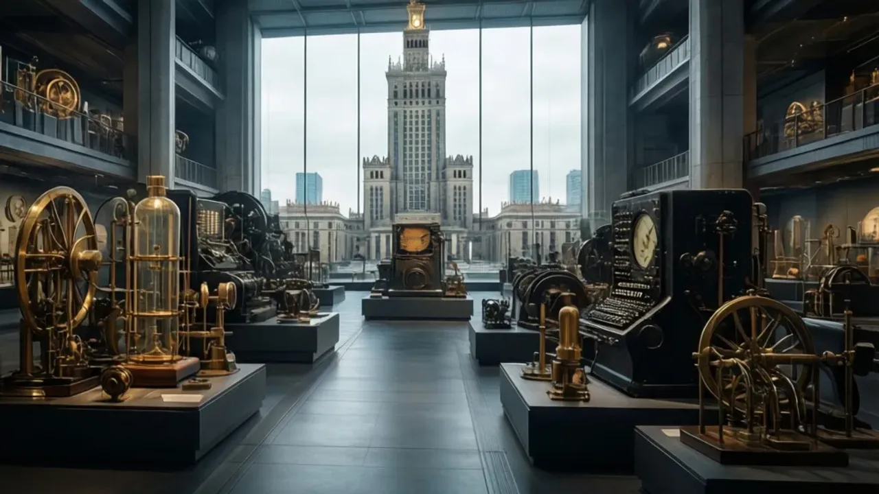 Narodowe Muzeum Techniki: Przewodnik po muzeum techniki w Warszawie Wystawa zabytkowych motocykli i maszyn obliczeniowych wewnątrz Narodowe Muzeum Techniki przy Plac Defilad 1.