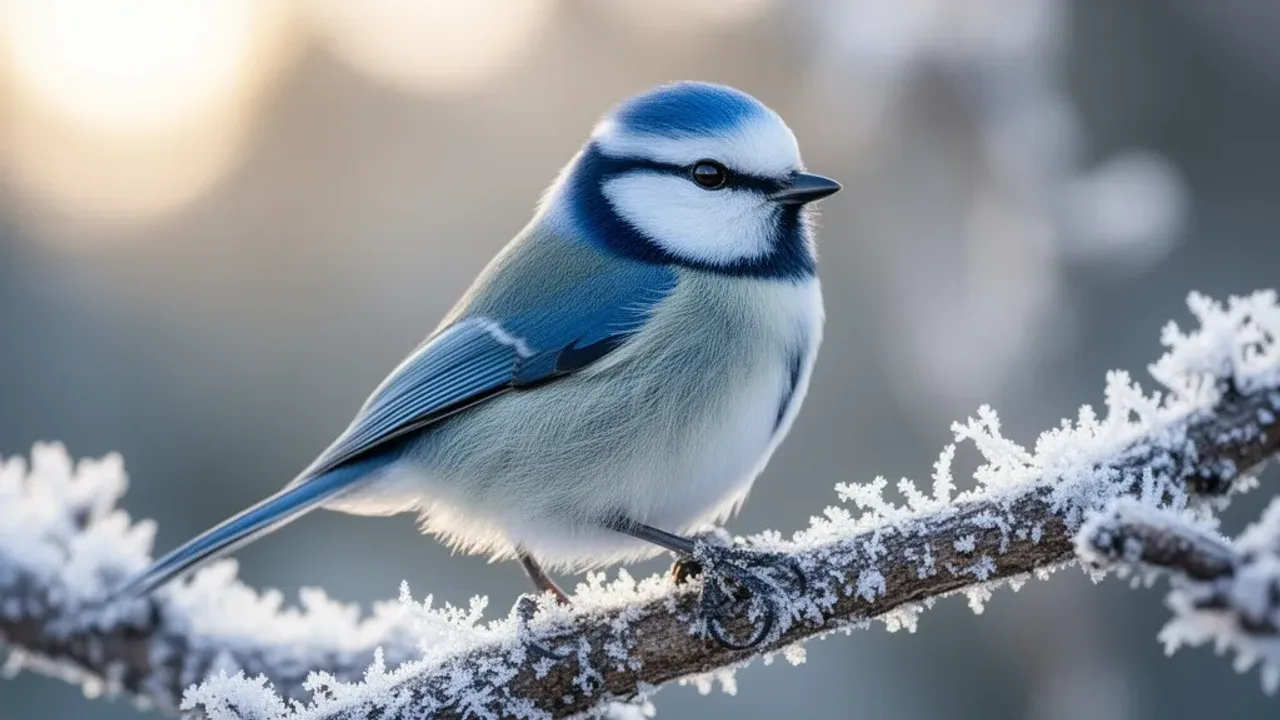 Sikorka lazurowa: puszysty gatunek sikor Cyanistes cyanus i jego karmnik Sikorka lazurowa siedząca na drewnianym karmniku w zimowym ogrodzie.