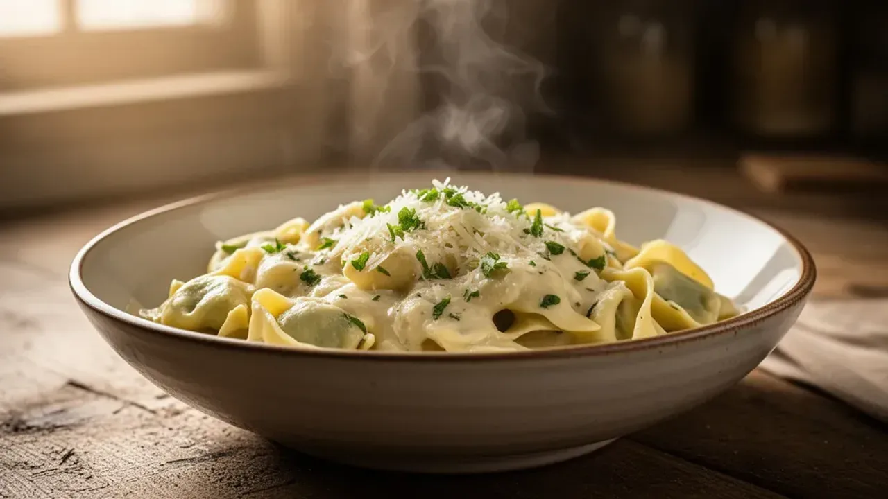 Sos do tortellini: przepis na szybki obiad w sosie śmietanowym Apetyczne tortellini w aksamitnym sosie do tortellini posypane parmezanem i świeżymi ziołami.
