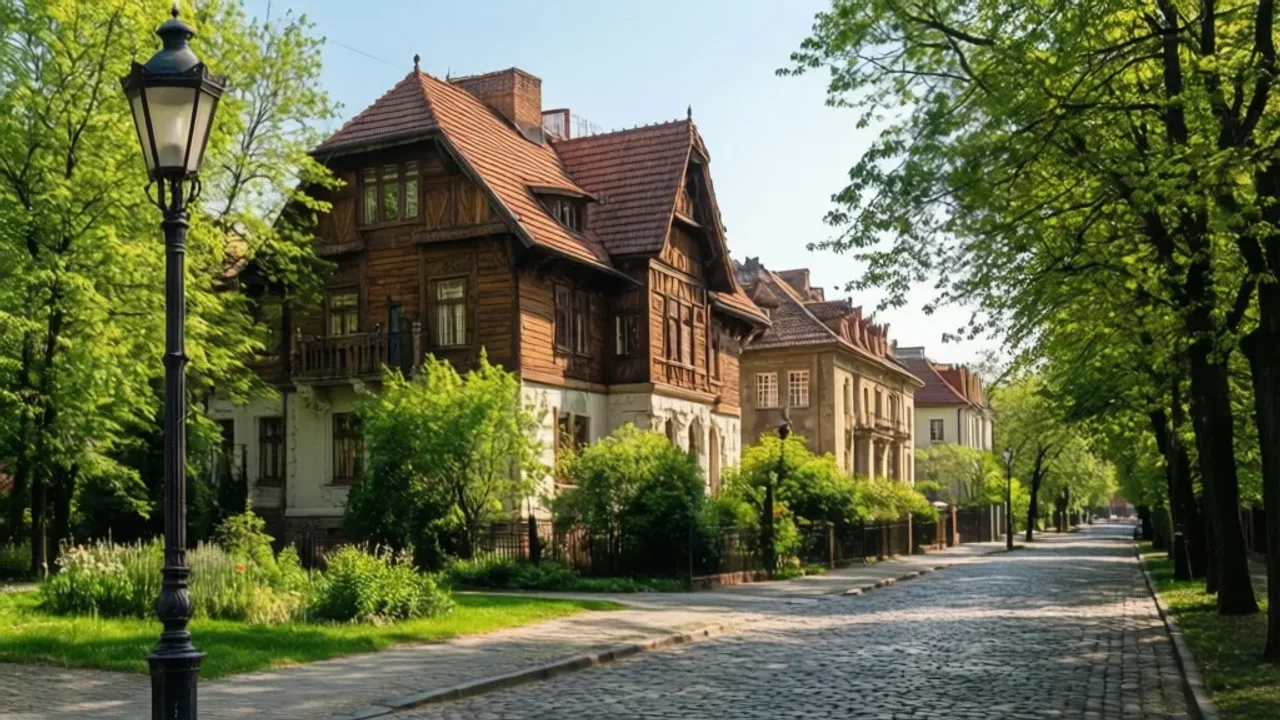 Stare Bielany: przewodnik po historii i atrakcjach dzielnicy Bielan Historyczna ulica na osiedlu Stare Bielany w Warszawie z zabytkowymi latarniami gazowymi i przedwojenną zabudową willową.