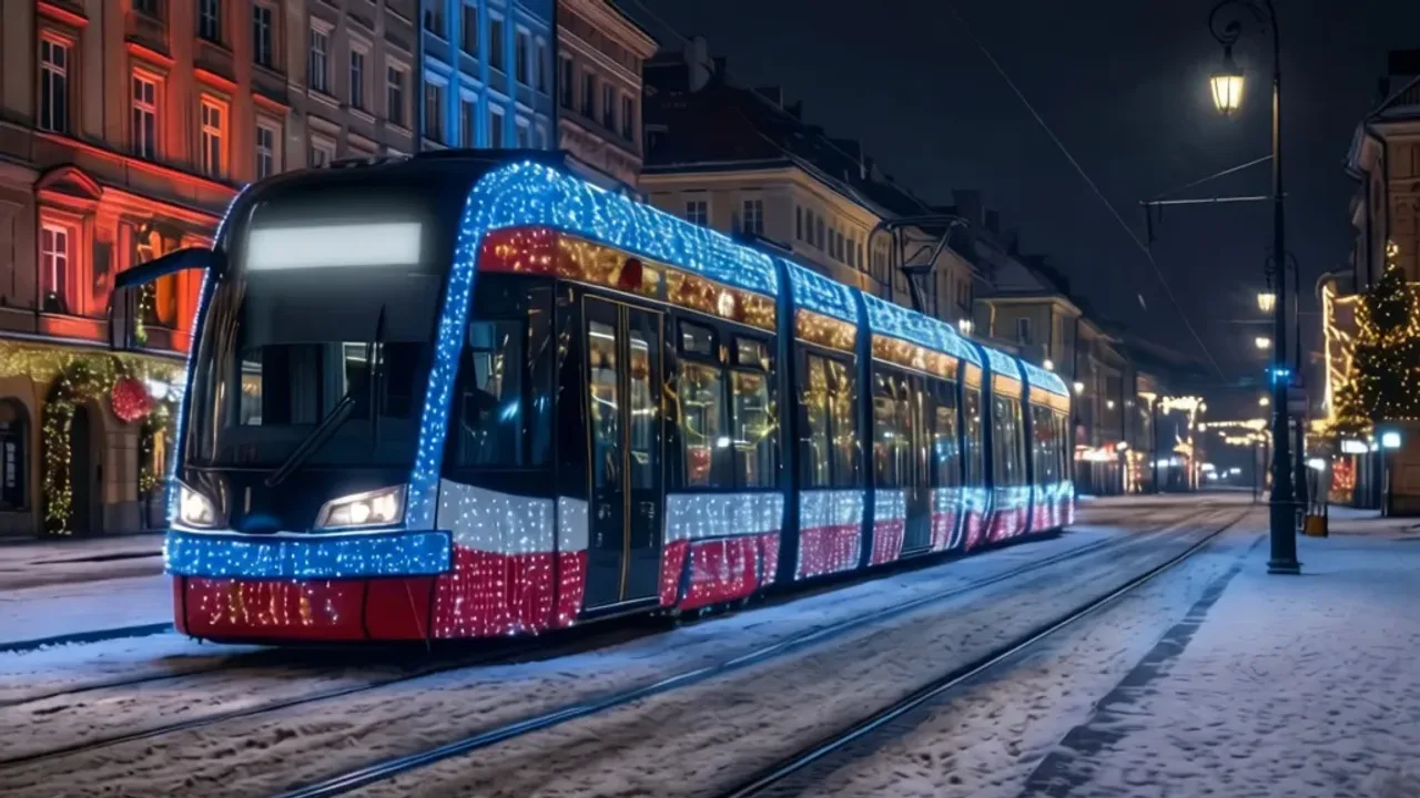 Świąteczny tramwaj Warszawa 2025: rozkład jazdy, ulice i lokalizację GPS Świąteczny tramwaj Warszawa udekorowany kolorowymi światłami LED jadący przez nocną, ośnieżoną ulicę w centrum miasta.
