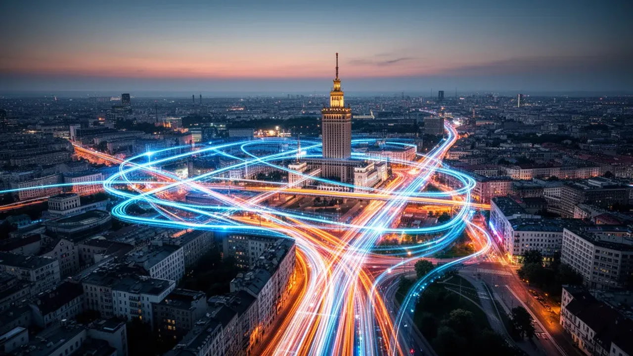 Trasa warszawa: wyznacz trasę i sprawdź dojazd w Google Warszawa - trasy Widok z lotu ptaka na nowoczesne skrzyżowanie drogowe w Warszawie, gdzie trasa warszawa prowadzi przez centrum miasta w stronę Pałacu Kultury i Nauki.